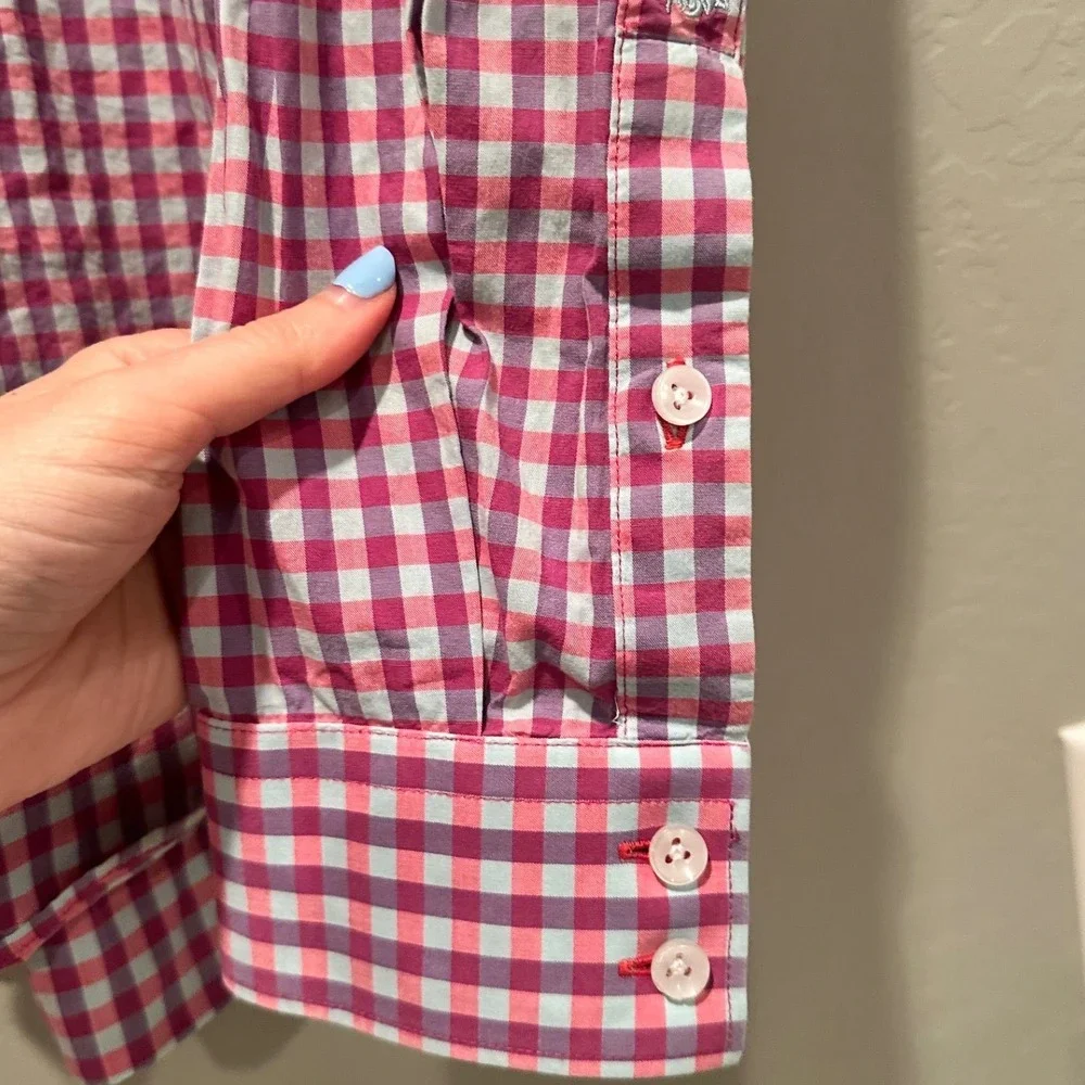 Stone Rose Gingham Button Down Shirt Pink Floral Trim Cotton Men's Size 3 Medium - Picture 8 of 9
